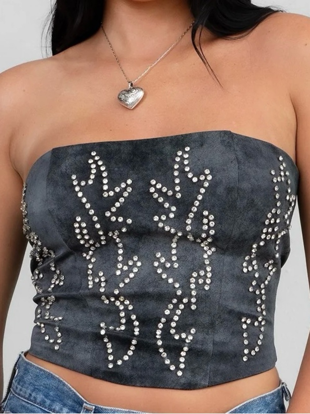 NEW Western Faux Leather Blue Gray Rhinestone Corset Tie Back Top